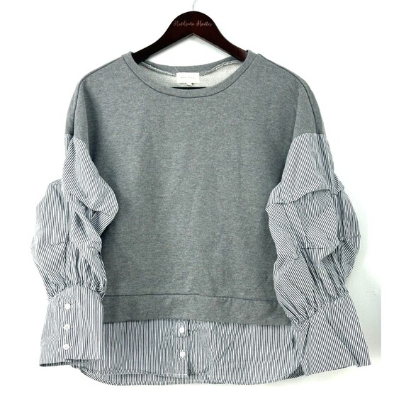 Mello Day Women Sweatshirt Heather Gray Striped Top Pleated Ruched Sz L 1167T1 - Picture 3 of 12